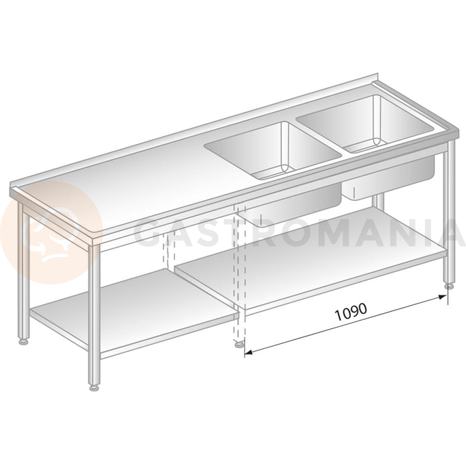 Stół przyścienny ze stali nierdzewnej z 2 zlewami i półką 1900x600x850 mm | DORA METAL, DM-3213