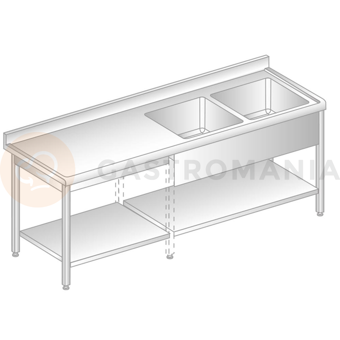 Stůl nástěnný z nerezové oceli s 2 dřezy, poličkou, zadní lištou a okapovou lištou 2500x700x850 mm | DORA METAL, DM-S-3213
