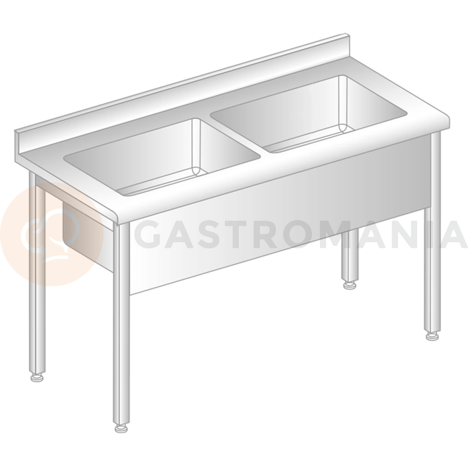 Stůl nástěnný z nerezové oceli s dvoukomorovou vanou, zadní lištou a okapovou lištou 1200x600x850 mm, výš. komory = 400 mm | DORA METAL, DM-S-3249