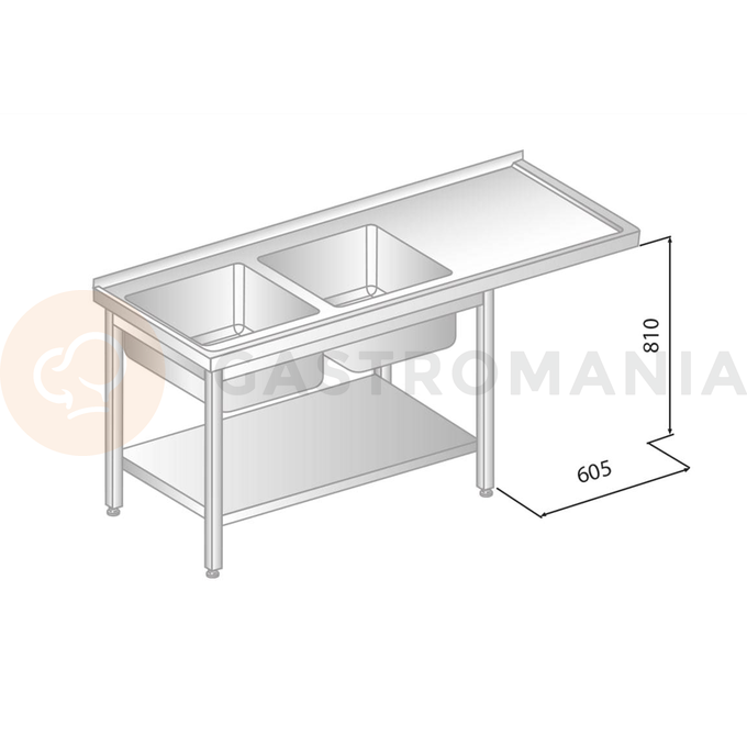 Stůl nástěnný z nerezové oceli s místem na myčku, 2 dřezy a poličkou 2100x700x850 mm | DORA METAL, DM-3273