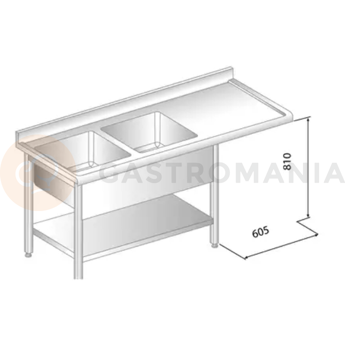 Stůl nástěnný z nerezové oceli s místem na myčku, 2 dřezy, poličkou zadní lištou a okapovou lištou 1800x600x850 mm | DORA METAL, DM-S-3273