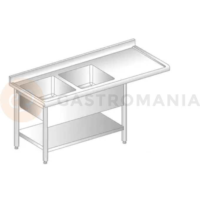 Stůl nástěnný z nerezové oceli s místem na myčku, 2 dřezy, poličkou zadní lištou a okapovou lištou 1800x700x850 mm | DORA METAL, DM-S-3273