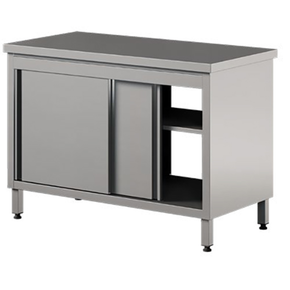 Nerezový přístěnný stůl s průchozí skříňkou, posuvné dveře 1000x600x850 mm | ASBER, WM-106-PL-4SD