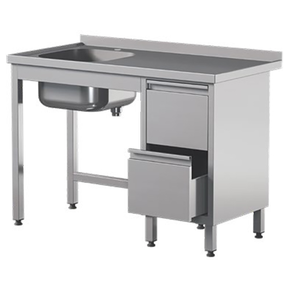 Přístěnný nerezový stůl s dřezem a dvěma zásuvkami 1300x700x850 mm | ASBER, STW-137/1-PL-L-2DR-B