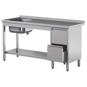 Přístěnný nerezový stůl s poličkou, dřezem a dvěma zásuvkami 1000x600x850 mm | ASBER, STW-106/1-PL-L-2DR-S