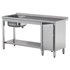 Přístěnný nerezový stůl s poličkou, dřezem a skříňkou, s křídlovými dvířky 1000x600x850 mm | ASBER, STW-106/1-PL-L-HD-S