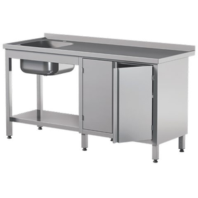 Přístěnný nerezový stůl s poličkou, dřezem a skříňkou, s křídlovými dvířky 1600x600x850 mm | ASBER, STW-166/1-PL-L-2HD-S