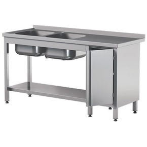 Přístěnný nerezový stůl s poličkou, dvoukomorovým dřezem a skříňkou, s křídlovými dvířky 1400x700x850 mm | ASBER, STW-147/2-PL-L-HD-S