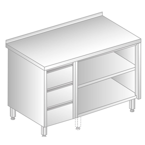 Stół przyścienny ze stali nierdzewnej z szafką otwartą i 3 szufladami 1500x600x850 mm | DORA METAL, DM-3129