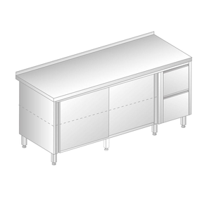 Stół przyścienny ze stali nierdzewnej z szafką z drzwiami suwanymi i 2 szufladami 1900x700x850 mm | DORA METAL, DM-3126