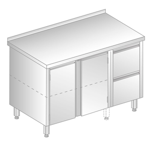 Stůl nástěnný z nerezové oceli se skříňkou a 2 šuplíky 1400x600x850 mm | DORA METAL, DM-3127