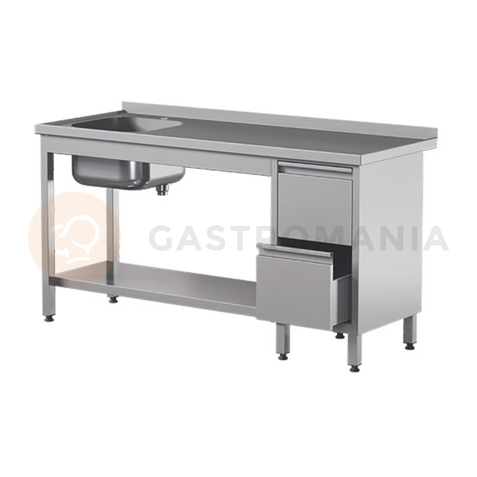 Přístěnný nerezový stůl s poličkou, dřezem a dvěma zásuvkami 1000x600x850 mm | ASBER, STW-106/1-PL-L-2DR-S