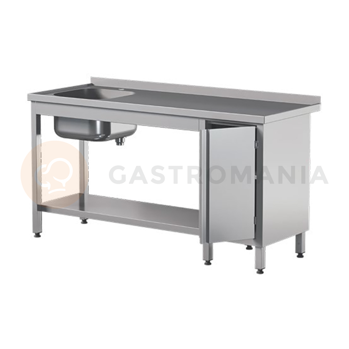 Přístěnný nerezový stůl s poličkou, dřezem a skříňkou, s křídlovými dvířky 1000x600x850 mm | ASBER, STW-106/1-PL-L-HD-S