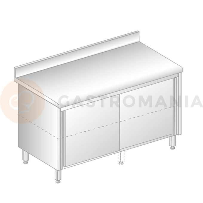 Stół przyścienny ze stali nierdzewnej z szafką z drzwiami suwanymi, rantem puszkowym i kapinosem 1900x700x850 mm | DORA METAL, DM-S-3118 N