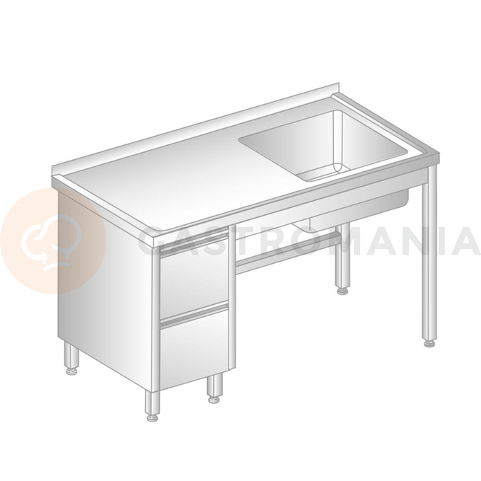 Stůl nástěnný z nerezové oceli s dřezem a 2 šuplíky 1400x600x850 mm | DORA METAL, DM-3012