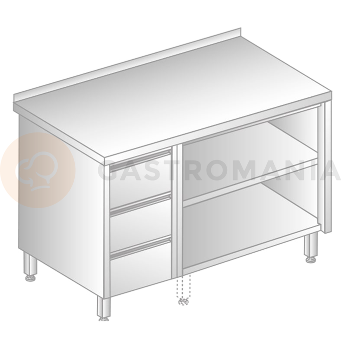 Stůl nástěnný z nerezové oceli s otevřenou skříňkou a 3 šuplíky 1500x600x850 mm | DORA METAL, DM-3129