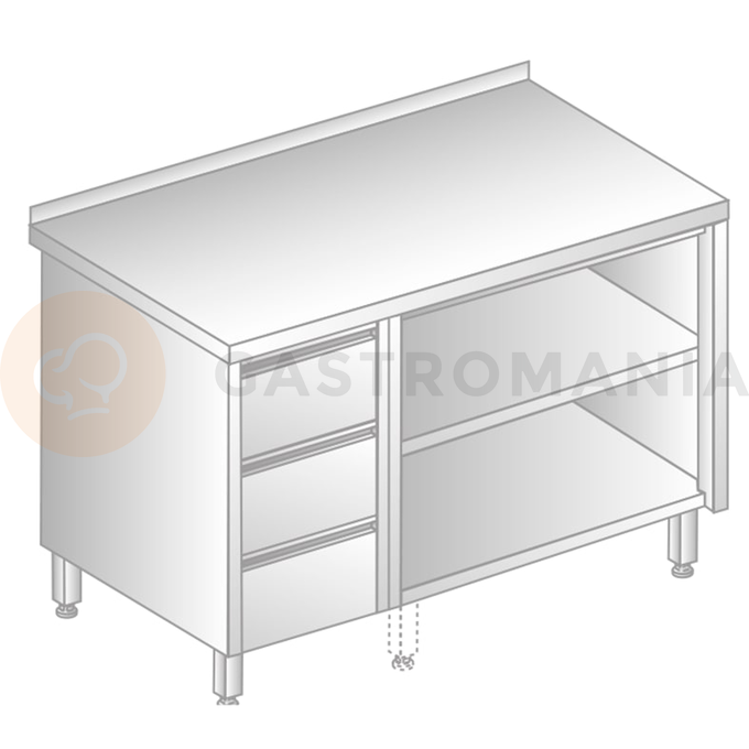 Stůl nástěnný z nerezové oceli s otevřenou skříňkou a 3 šuplíky 1700x700x850 mm | DORA METAL, DM-3129