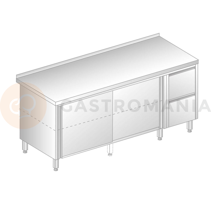 Stůl nástěnný z nerezové oceli se skříňkou, posuvnými dveřmi a 2 šuplíky 1900x700x850 mm | DORA METAL, DM-3126