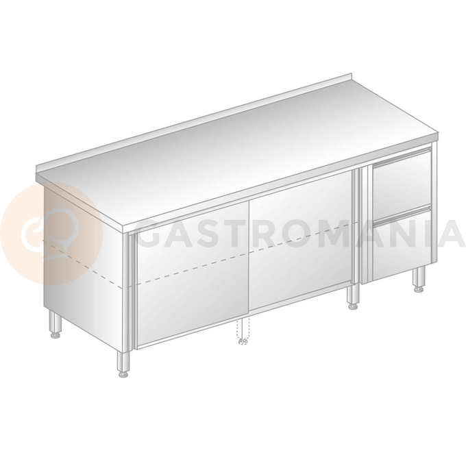 Stůl nástěnný z nerezové oceli se skříňkou, posuvnými dveřmi a 2 šuplíky 2000x600x850 mm | DORA METAL, DM-3126