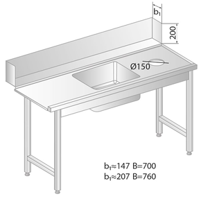 Stůl pro nakládání do myčky nádobí z nerezové oceli s otvorem na odpad a dřezem 1400x760x850 mm | DORA METAL, DM-3257