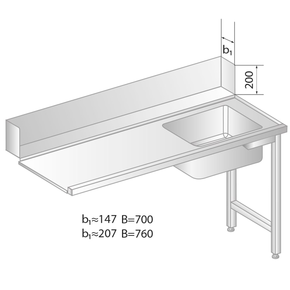 Stůl pro nakládání do myčky nádobí z nerezové oceli s dřezem 1200x760x850 mm | DORA METAL, DM-3266