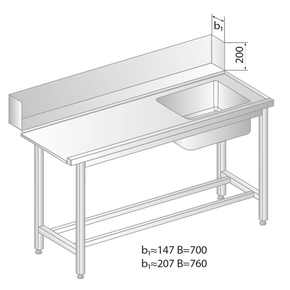 Stůl pro nakládání do myčky nádobí z nerezové oceli s dřezem 1600x700x850 mm | DORA METAL, DM-3247