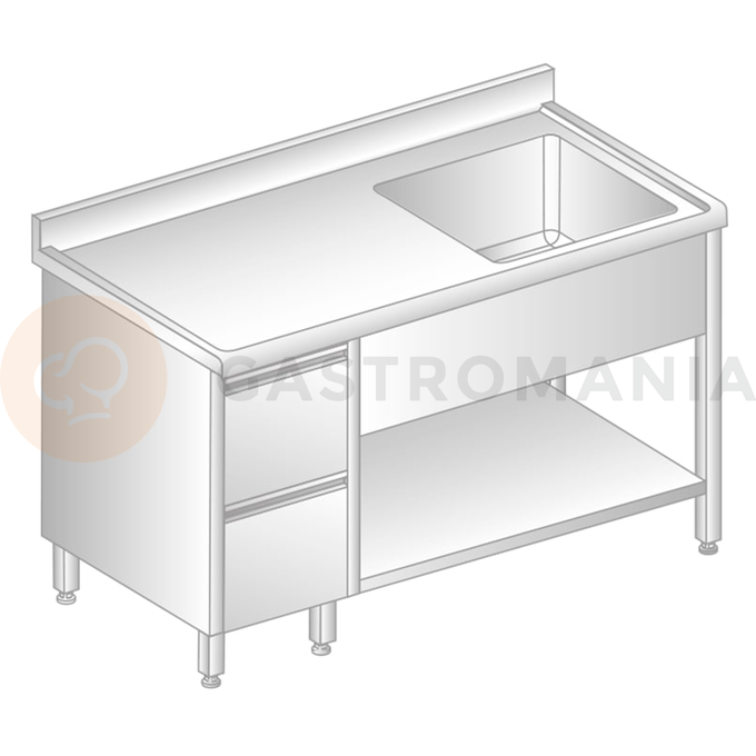 Stůl nástěnný z nerezové oceli s dřezem, 2 šuplíky a poličkou, zadní lištou a okapovou lištou 1900x700x850 mm | DORA METAL, DM-S-3203