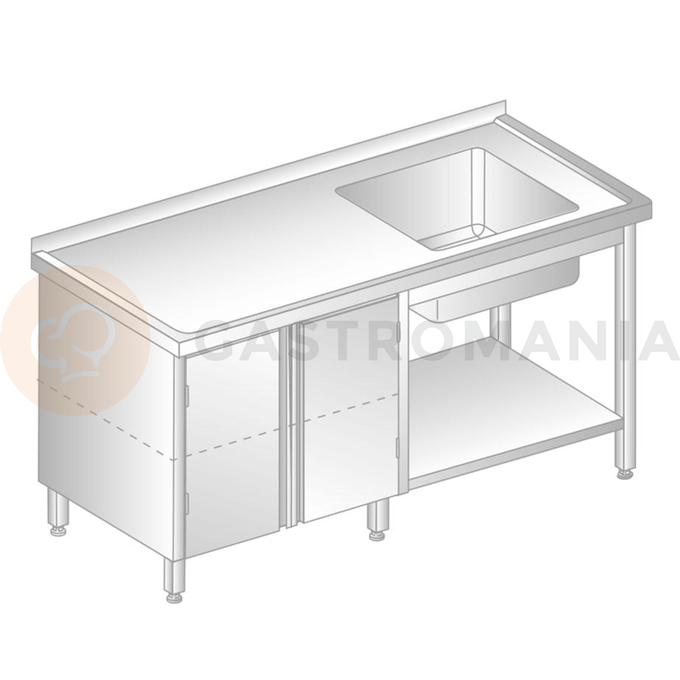 Stůl nástěnný z nerezové oceli s dřezem, skříňkou a poličkou 1400x600x850 mm | DORA METAL, DM-3206