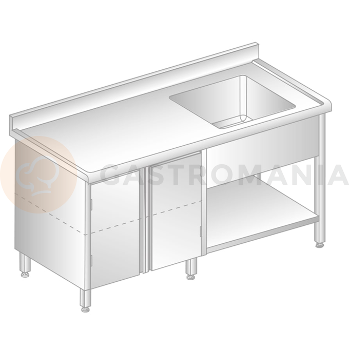 Stůl nástěnný z nerezové oceli s dřezem, skříňkou, poličkou, zadní lištou a okapovou lištou 2100x700x850 mm | DORA METAL, DM-S-3206