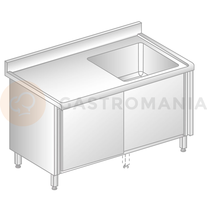 Stůl nástěnný z nerezové oceli s dřezem, skříňkou s posuvnými dveřmi, zadní lištou a okapovou lištou 1200x600x850 mm | DORA METAL, DM-S-3211