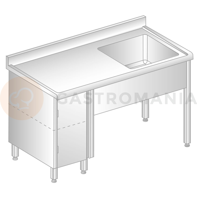 Stůl nástěnný z nerezové oceli s dřezem, skříňkou, zadní lištou a okapovou lištou 1200x700x850 mm | DORA METAL, DM-S-3011