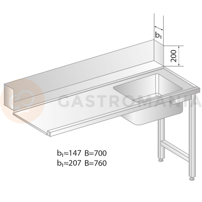 Stůl pro nakládání do myčky nádobí z nerezové oceli s dřezem 1200x700x850 mm | DORA METAL, DM-3266