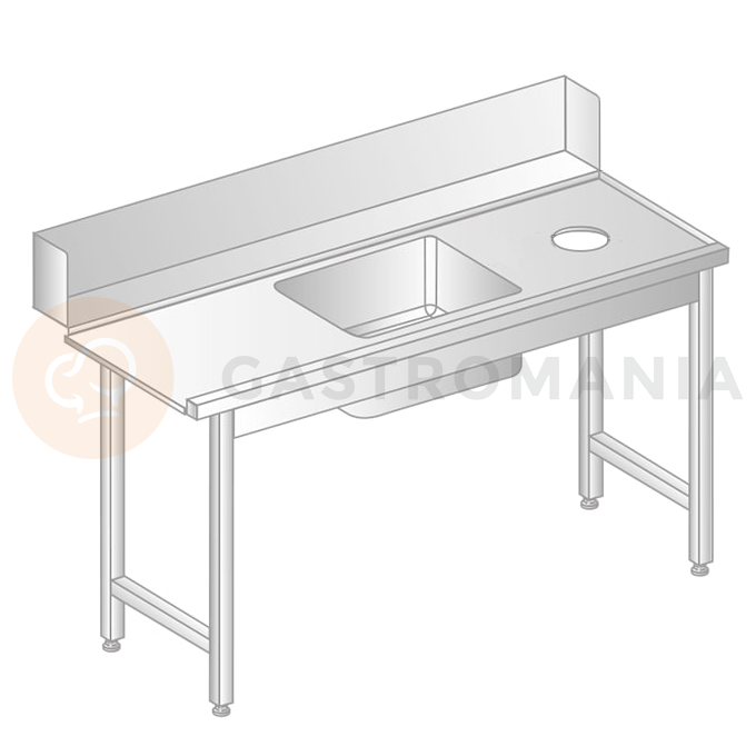 Stůl pro nakládání do myčky nádobí z nerezové oceli s otvorem na odpad a dřezem 1200x760x850 mm | DORA METAL, DM-3257