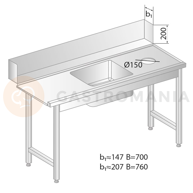 Stůl pro nakládání do myčky nádobí z nerezové oceli s otvorem na odpad a dřezem 1700x760x850 mm | DORA METAL, DM-3257