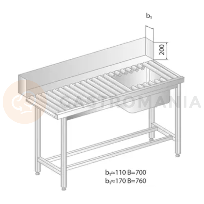 Válečkový stůl pro nakládání do myčky nádobí z nerezové oceli s dřezem 1300x760x850 mm | DORA METAL, DM-3276